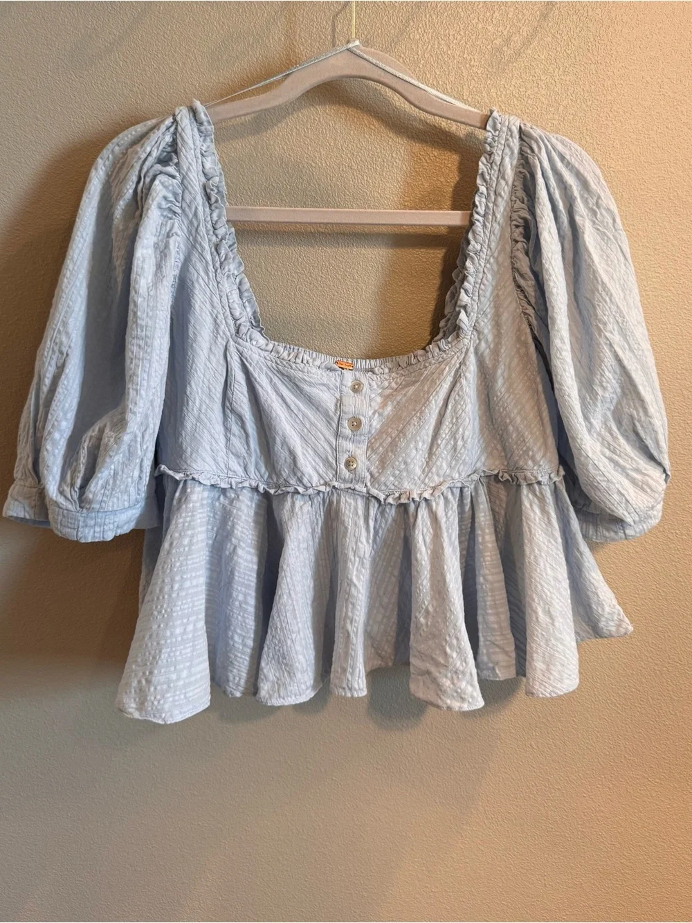 Free People Leave it to Me Pale Blue Square Neck Puff Sleeve Peplum Top